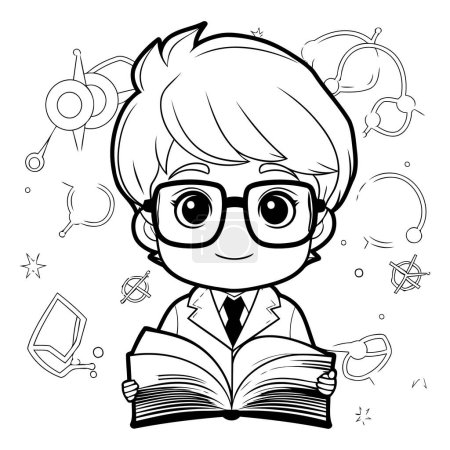 Illustration for Boy with glasses reading a book. doodles background. vector illustration - Royalty Free Image