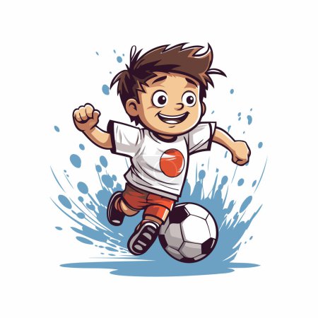 Téléchargez les illustrations : Joueur de football dessin animé avec ballon isolé sur fond blanc. Illustration vectorielle. - en licence libre de droit
