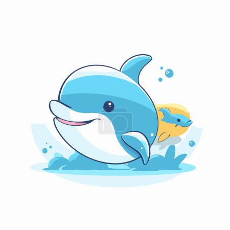 Téléchargez les illustrations : Dauphin dessin animé mignon nageant dans l'eau. Illustration vectorielle plate. - en licence libre de droit