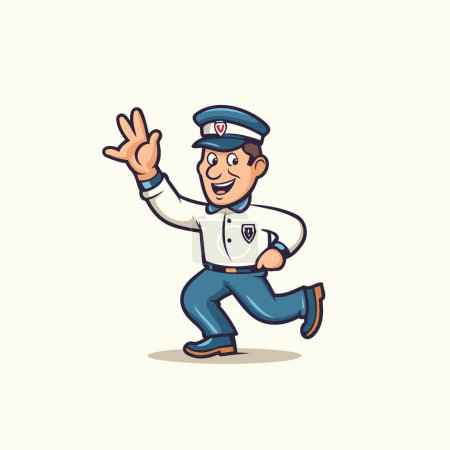 Téléchargez les illustrations : Mascotte de policier agitant la main Illustration vectorielle de personnage de bande dessinée - en licence libre de droit
