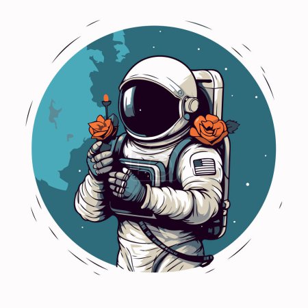 Illustration for Astronaut holding a rose in his hand. Vector illustration. - Royalty Free Image