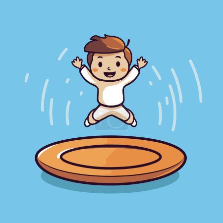 Ilustración de Feliz chico saltando en un trampolín. Ilustración vectorial en estilo de dibujos animados. - Imagen libre de derechos