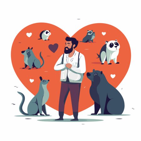 Téléchargez les illustrations : Vétérinaire et animaux amoureux. Illustration vectorielle en style plat - en licence libre de droit