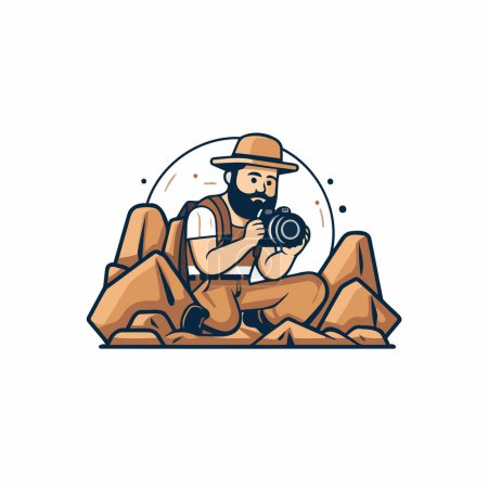 Illustration for Photographer with a camera on the rocks. Vector illustration in cartoon style - Royalty Free Image