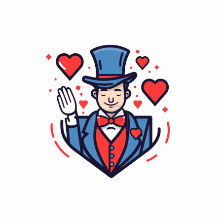 Illustration for Gentleman in a suit and top hat with hearts. Vector illustration - Royalty Free Image