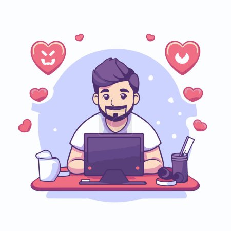 Illustration for Young man in love with computer. Vector illustration in cartoon style. - Royalty Free Image