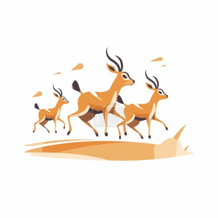 Téléchargez les illustrations : Trois antilopes courent sur le sable. Illustration vectorielle en style plat - en licence libre de droit