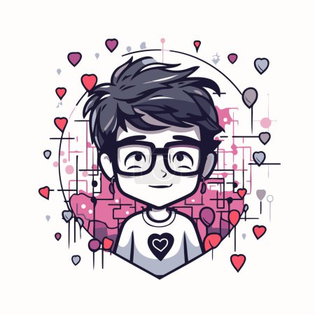 Illustration for Cute boy with glasses and hearts around him. Vector illustration. - Royalty Free Image