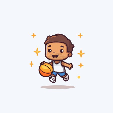 Téléchargez les illustrations : Mascotte de garçon mignon jouant au basket-ball Illustration vectorielle de personnage de bande dessinée - en licence libre de droit