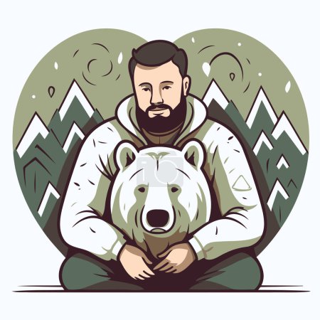 Ilustración de Ilustración vectorial de un hombre con barba y un oso polar en las montañas. - Imagen libre de derechos