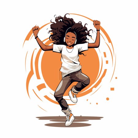 Illustration for Young african-american woman jumping and dancing. Vector illustration - Royalty Free Image