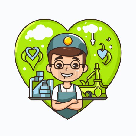 Illustration for Cute boy cartoon character in heart shape with science equipment. Vector illustration. - Royalty Free Image