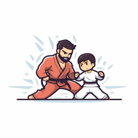 Illustration for Karate fighter with his son. Vector illustration in cartoon style. - Royalty Free Image