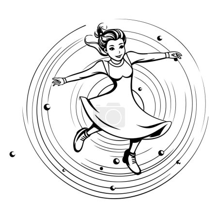 Illustration for Vector illustration of a girl jumping on a background of the circle. - Royalty Free Image