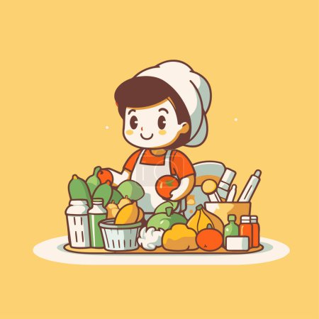 Illustration for Cute Cartoon Chef Girl Cooking Healthy Food. Vector Illustration. - Royalty Free Image