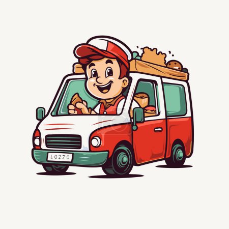 Ilustración de Un repartidor de dibujos animados en uniforme conduciendo una furgoneta. Ilustración vectorial. - Imagen libre de derechos