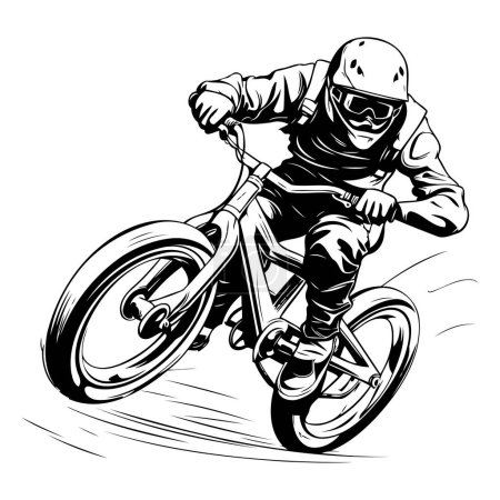 Illustration for Mountain biker. Black and white vector illustration for tattoo or t-shirt design - Royalty Free Image
