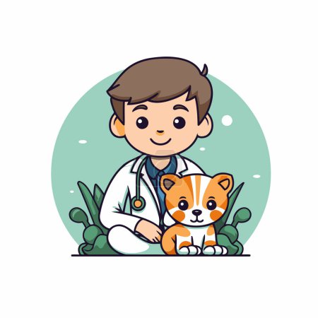 Téléchargez les illustrations : Vétérinaire avec chat. Illustration vectorielle en style dessin animé. Conception plate. - en licence libre de droit