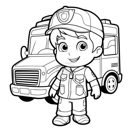 Ilustración de Ilustración de dibujos animados en blanco y negro del personaje de bombero o bombero para colorear libro - Imagen libre de derechos