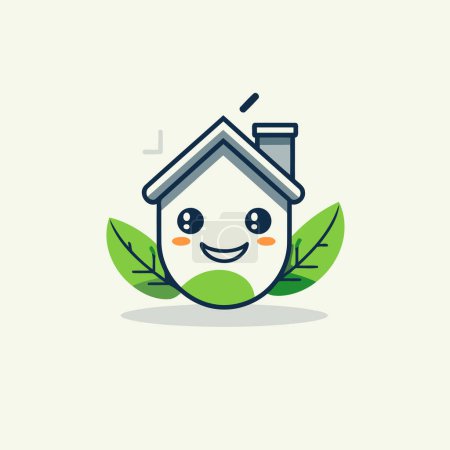 Téléchargez les illustrations : Maison souriante aux feuilles vertes. Icône maison. Illustration vectorielle. - en licence libre de droit