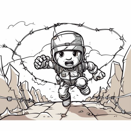 Cartoon astronaut running in the desert with barbed wire. Vector illustration.