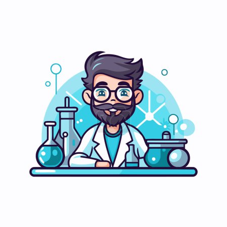 Illustration for Scientist with a beard and glasses in the laboratory. Vector illustration. - Royalty Free Image