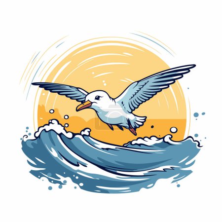 Illustration for Flying seagull on the waves. Vector illustration in cartoon style. - Royalty Free Image