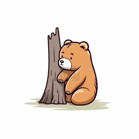 Ilustración de Bonito oso de dibujos animados sentado junto a un árbol. Ilustración vectorial. - Imagen libre de derechos