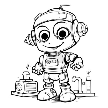 Ilustración de Ilustración de dibujos animados en blanco y negro del lindo personaje del astronauta Boy para colorear Libro - Imagen libre de derechos