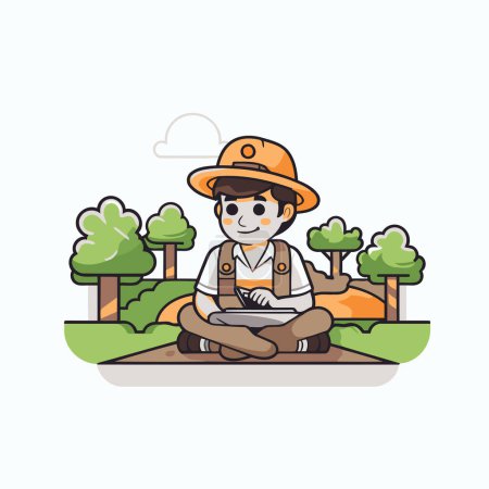 Farmer with laptop in the park. Vector illustration in cartoon style.