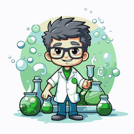 Téléchargez les illustrations : Scientifique garçon tenant une éprouvette avec du liquide vert. Illustration vectorielle. - en licence libre de droit