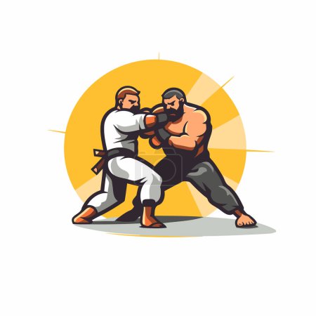 Téléchargez les illustrations : Illustration d'une paire de combattants de judo se battant vue de face à l'intérieur du cercle sur fond isolé fait dans un style rétro. - en licence libre de droit