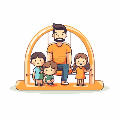 Illustration for Father with kids playing on swing. Vector illustration in cartoon style. - Royalty Free Image