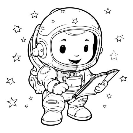 Téléchargez les illustrations : Illustration d'un petit astronaute lisant un livre Coloriage - en licence libre de droit