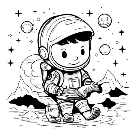 Téléchargez les illustrations : Illustration vectorielle de dessin animé garçon astronaute. Image en noir et blanc. - en licence libre de droit