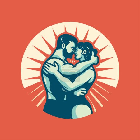 Illustration for Vector illustration of a loving couple hugging each other on red background. - Royalty Free Image