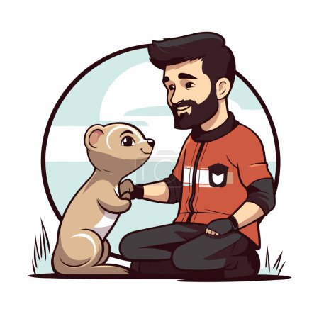 Illustration for Bearded man sitting with dog in park. Vector illustration in cartoon style. - Royalty Free Image