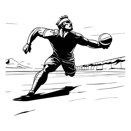 Téléchargez les illustrations : Joueur de beach-volley. Illustration vectorielle noir et blanc pour la conception de t-shirts - en licence libre de droit