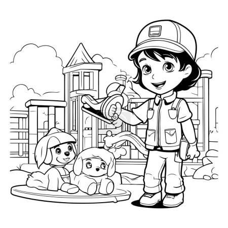 Ilustración de Ilustración de dibujos animados en blanco y negro de un niño jugando con un perro o cachorro en la calle - Imagen libre de derechos