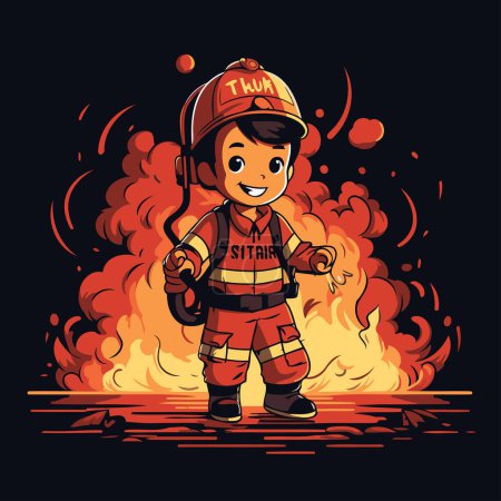 Téléchargez les illustrations : Un pompier avec un tuyau dans le feu. Illustration vectorielle. - en licence libre de droit