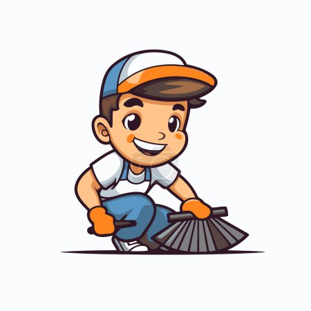 Illustration for Cute cartoon little boy with broom. Cleaning service. Vector illustration. - Royalty Free Image