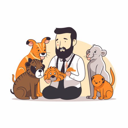 Illustration for Vector cartoon illustration of a man with a beard holding a group of pets. - Royalty Free Image