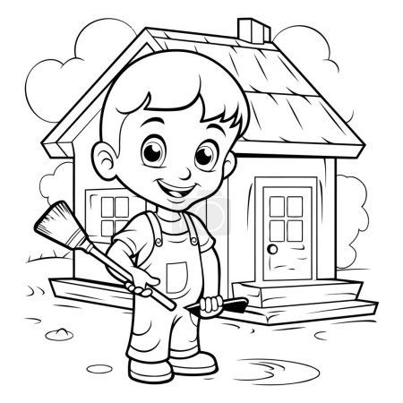 Illustration for Black and White Cartoon Illustration of Cute Little Boy Cleaning House or House for Coloring Book - Royalty Free Image
