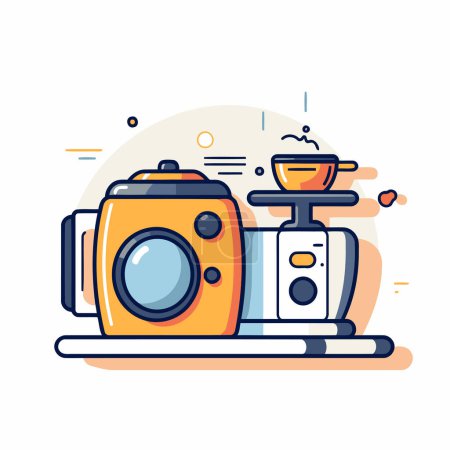 Illustration for Modern vector illustration in flat line style. Camera and coffee grinder. - Royalty Free Image