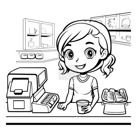 Téléchargez les illustrations : Dessins animés en noir et blanc Illustration d'une gamine faisant du shopping au supermarché ou à la cafétéria pour colorier un livre - en licence libre de droit