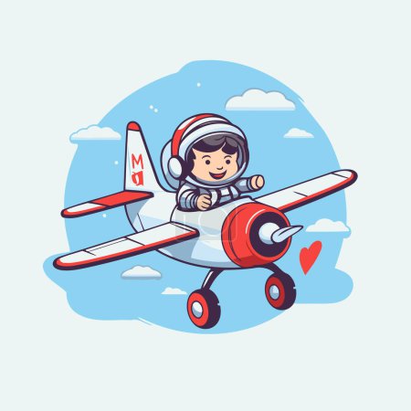 Téléchargez les illustrations : Joli petit garçon volant dans un avion. Illustration vectorielle de bande dessinée. - en licence libre de droit