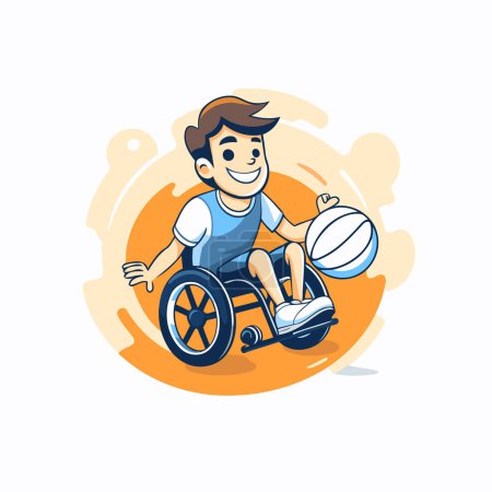 Téléchargez les illustrations : Garçon handicapé dans un fauteuil roulant jouant au basket. Illustration vectorielle de dessin animé. - en licence libre de droit