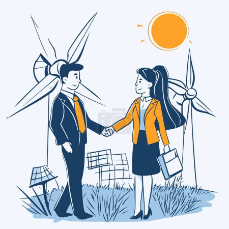 Illustration for Vector illustration of a businesswoman and businessman shaking hands in front of wind turbines - Royalty Free Image