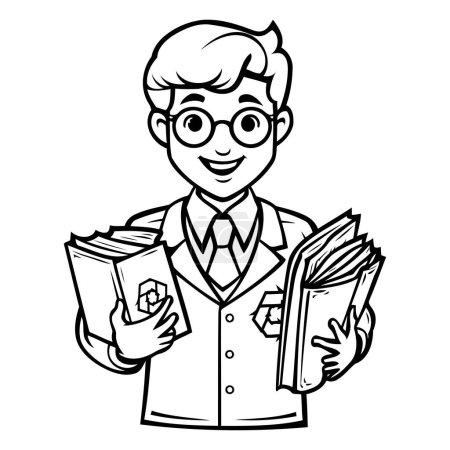 Téléchargez les illustrations : Illustration noir et blanc de personnage étudiant masculin avec des livres pour livre à colorier - en licence libre de droit
