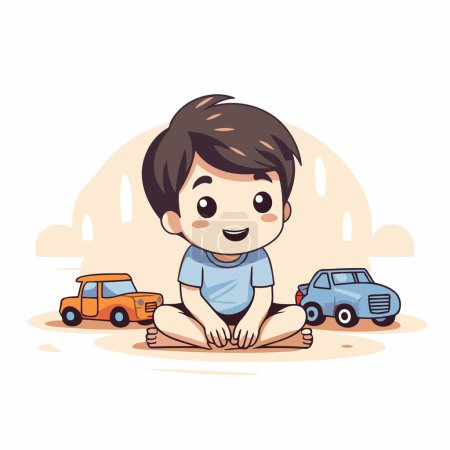 Illustration for Cute little boy sitting on the ground and playing with cars. Vector illustration. - Royalty Free Image